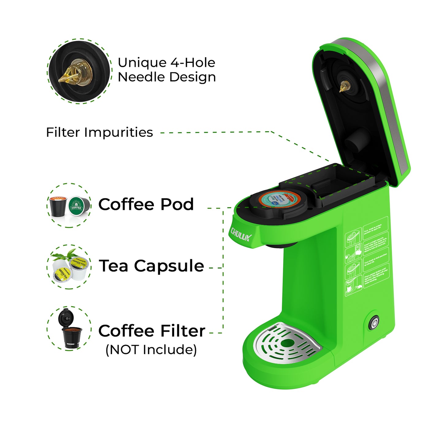 2pcs CHULUX Mini Single Serve Travel Coffee Maker for K Cup, QF-CM801, Green