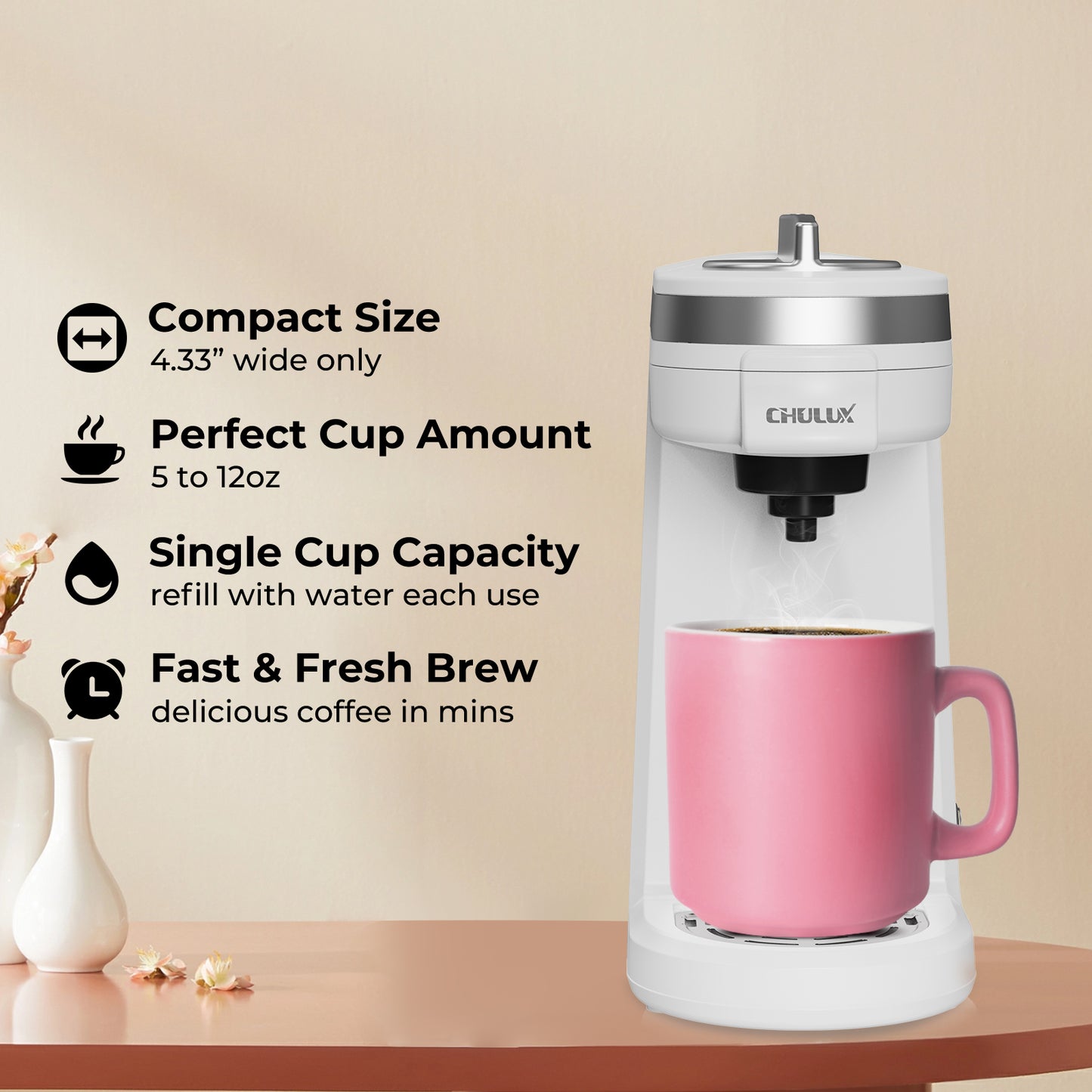 2pcs CHULUX Mini Single Serve Travel Coffee Maker for K Cup, QF-CM801, White