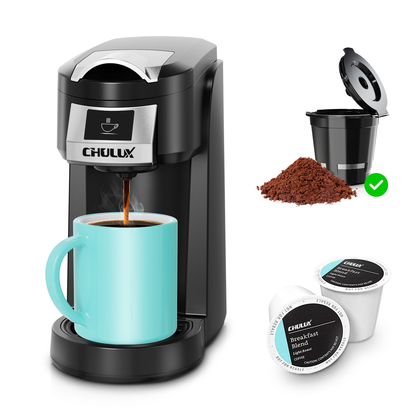 CHULUX Classic Single Serve Coffee Maker for K Cup & Ground Coffee, QF-CM802