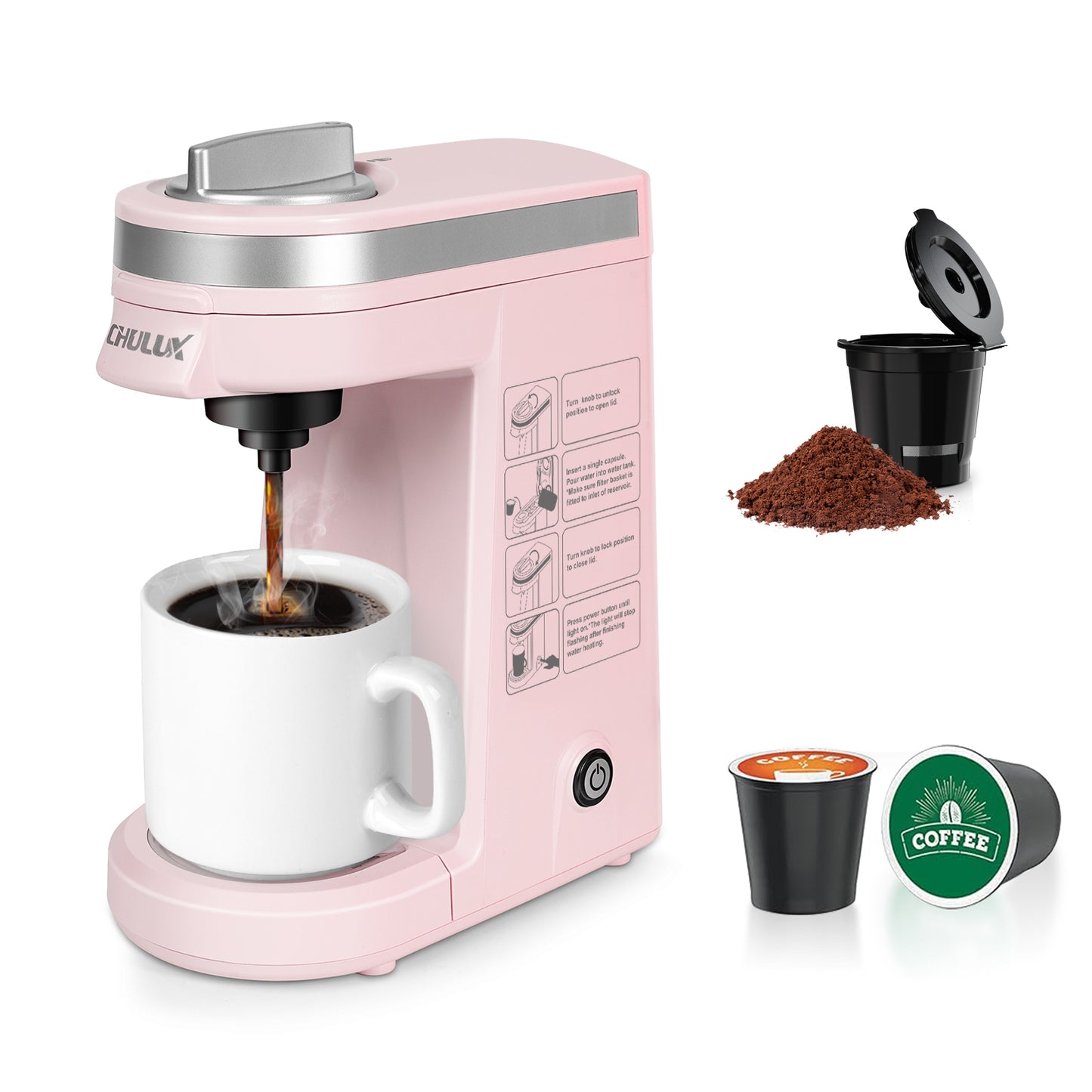 CHULUX Mini Single Serve Travel Coffee Maker for K Cup & Ground Coffee, QF-CM801