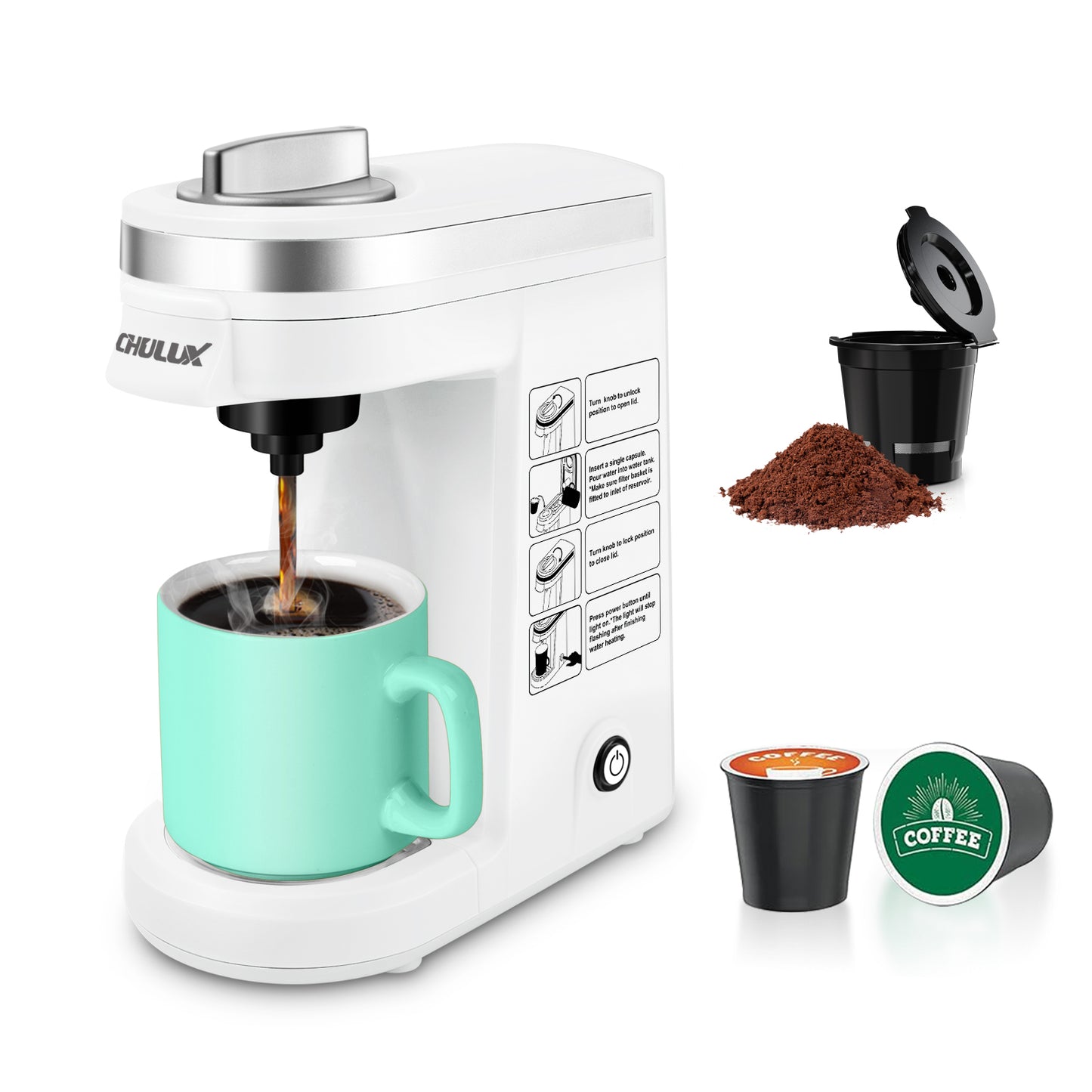 CHULUX Mini Single Serve Travel Coffee Maker for K Cup & Ground Coffee, QF-CM801