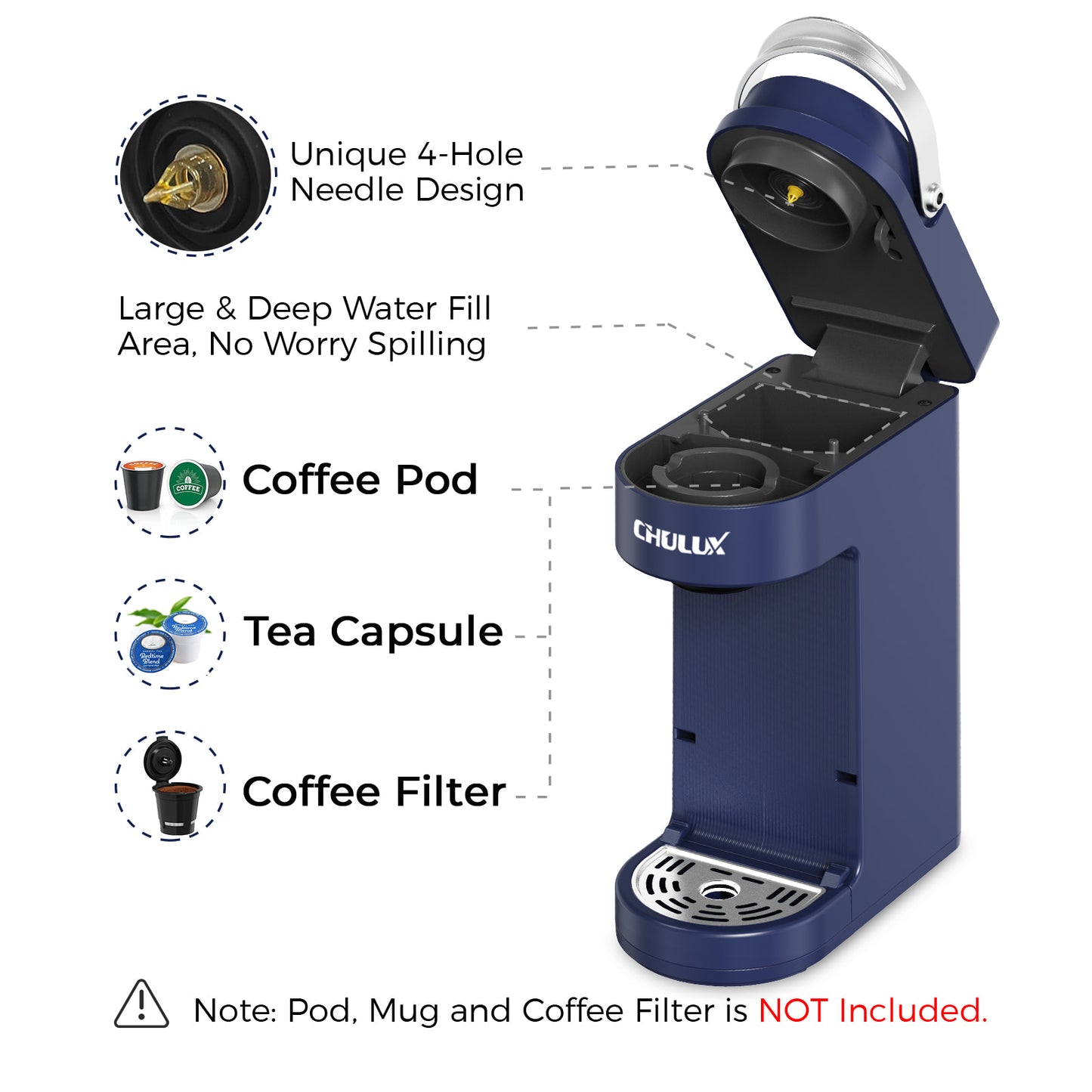 CHULUX Slim Single Serve Coffee Maker for K Cup, QF-CM807, Navy Blue