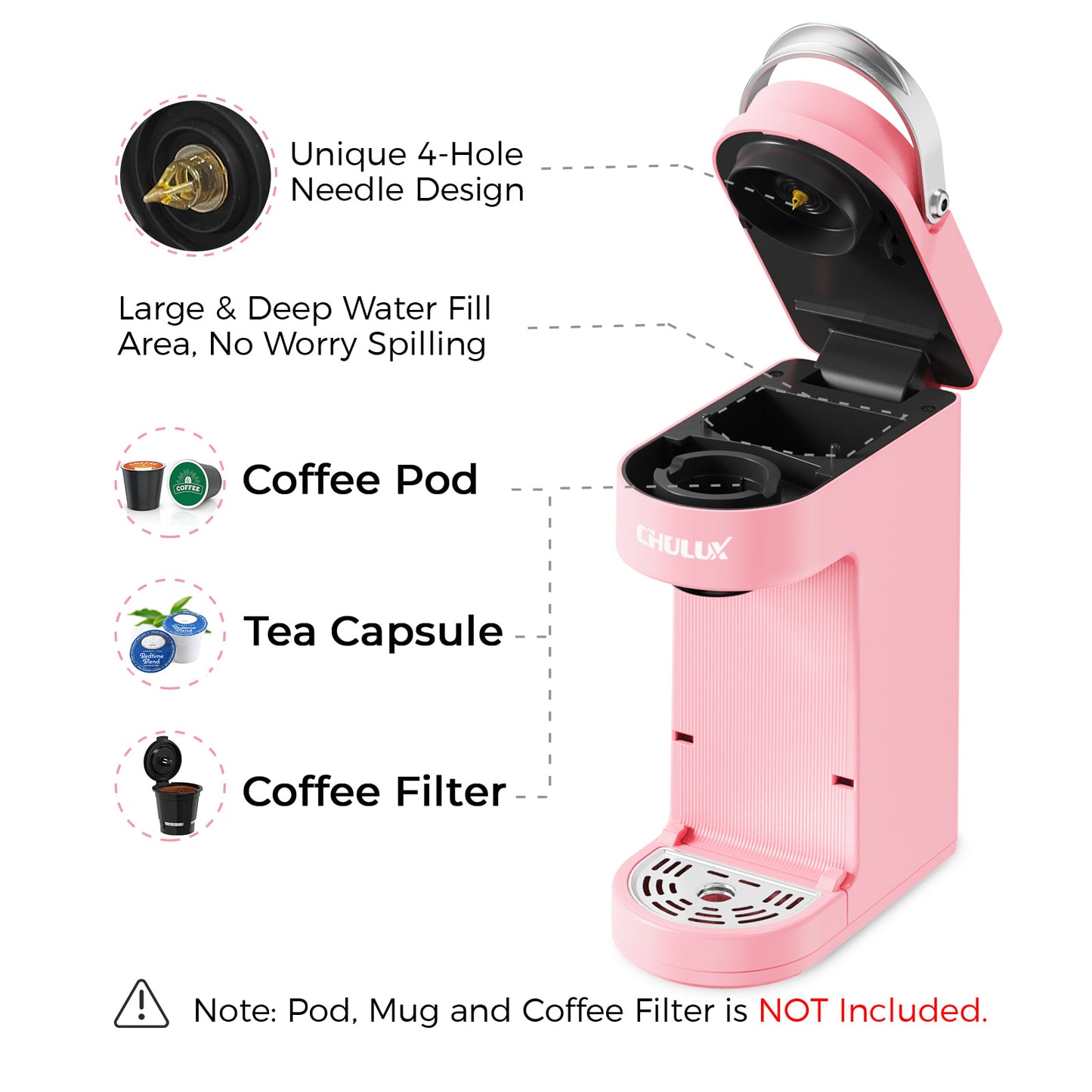 CHULUX Slim Single Serve Coffee Maker for K Cup, QF-CM807, Salmon Pink