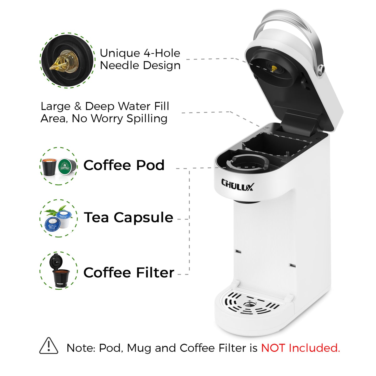 CHULUX Slim Single Serve Coffee Maker for K Cup, QF-CM807, White