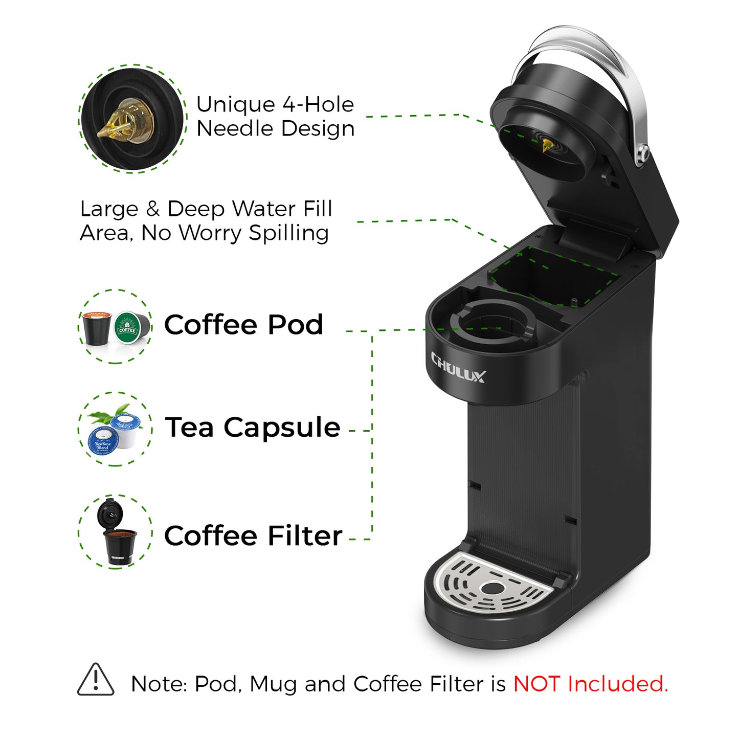 CHULUX Slim Single Serve Coffee Maker for K Cup & Ground Coffee, QF-CM807