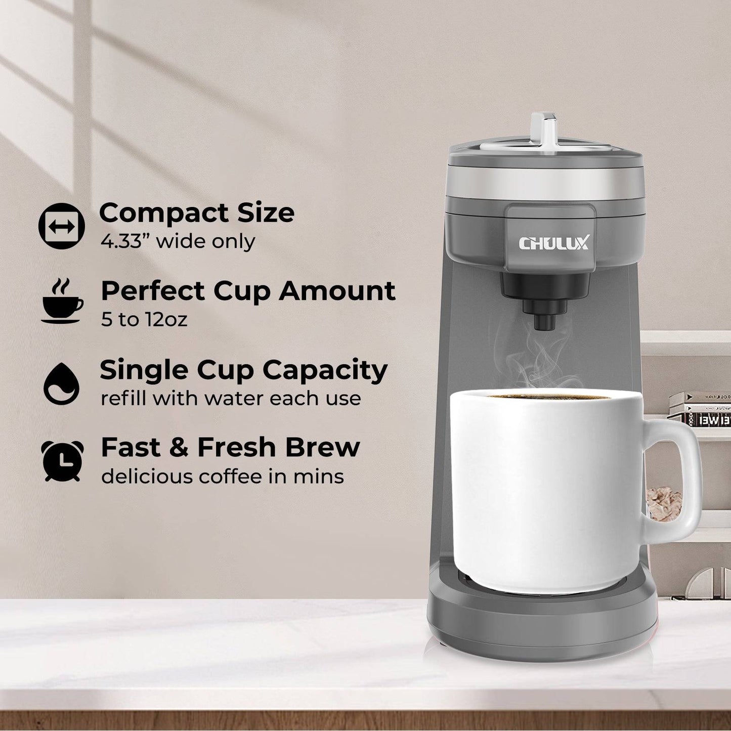 CHULUX Mini Single Serve Travel Coffee Maker for K Cup, QF-CM801, Gray
