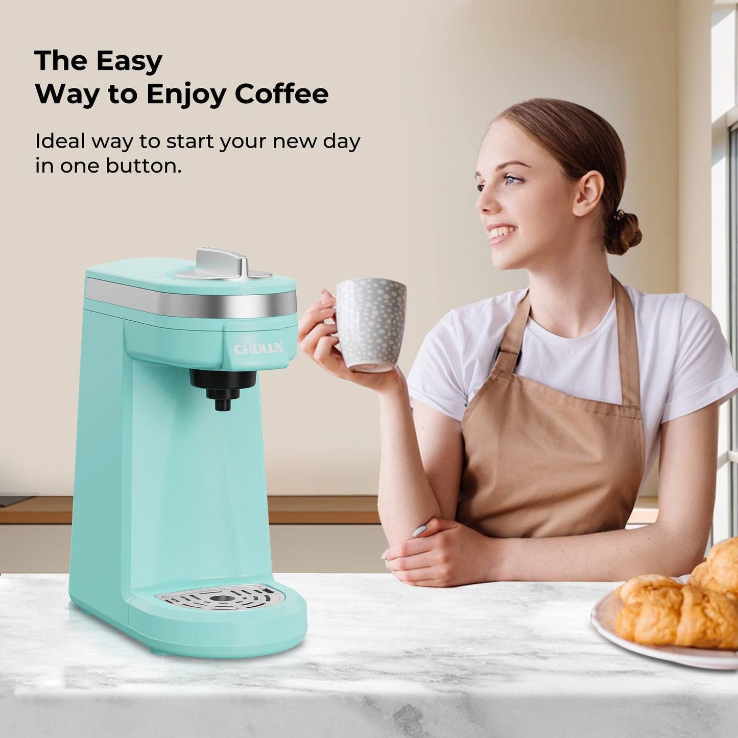 CHULUX Mini Single Serve Travel Coffee Maker for K Cup, QF-CM801, Cyan