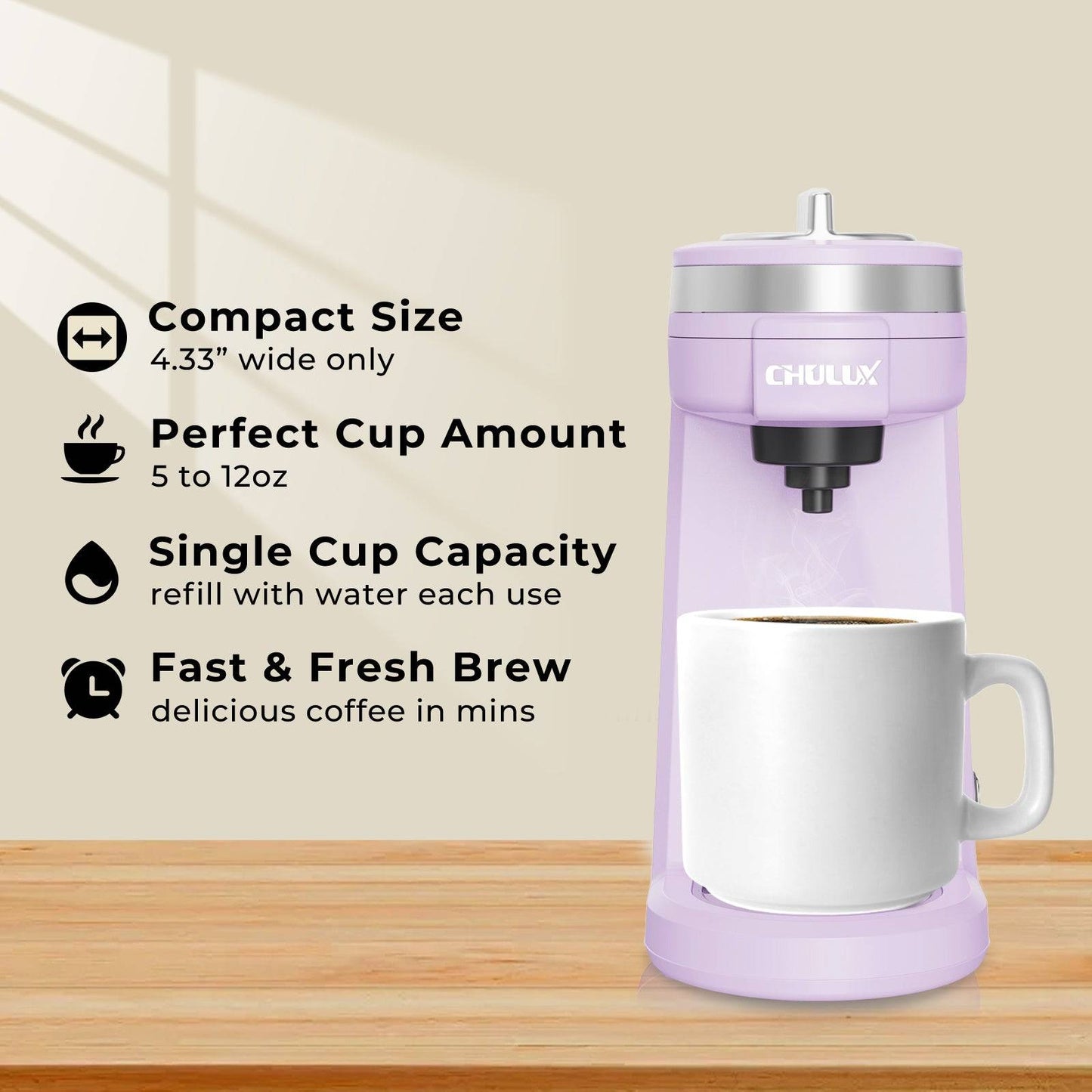 CHULUX Mini Single Serve Travel Coffee Maker for K Cup, QF-CM801, Lavender