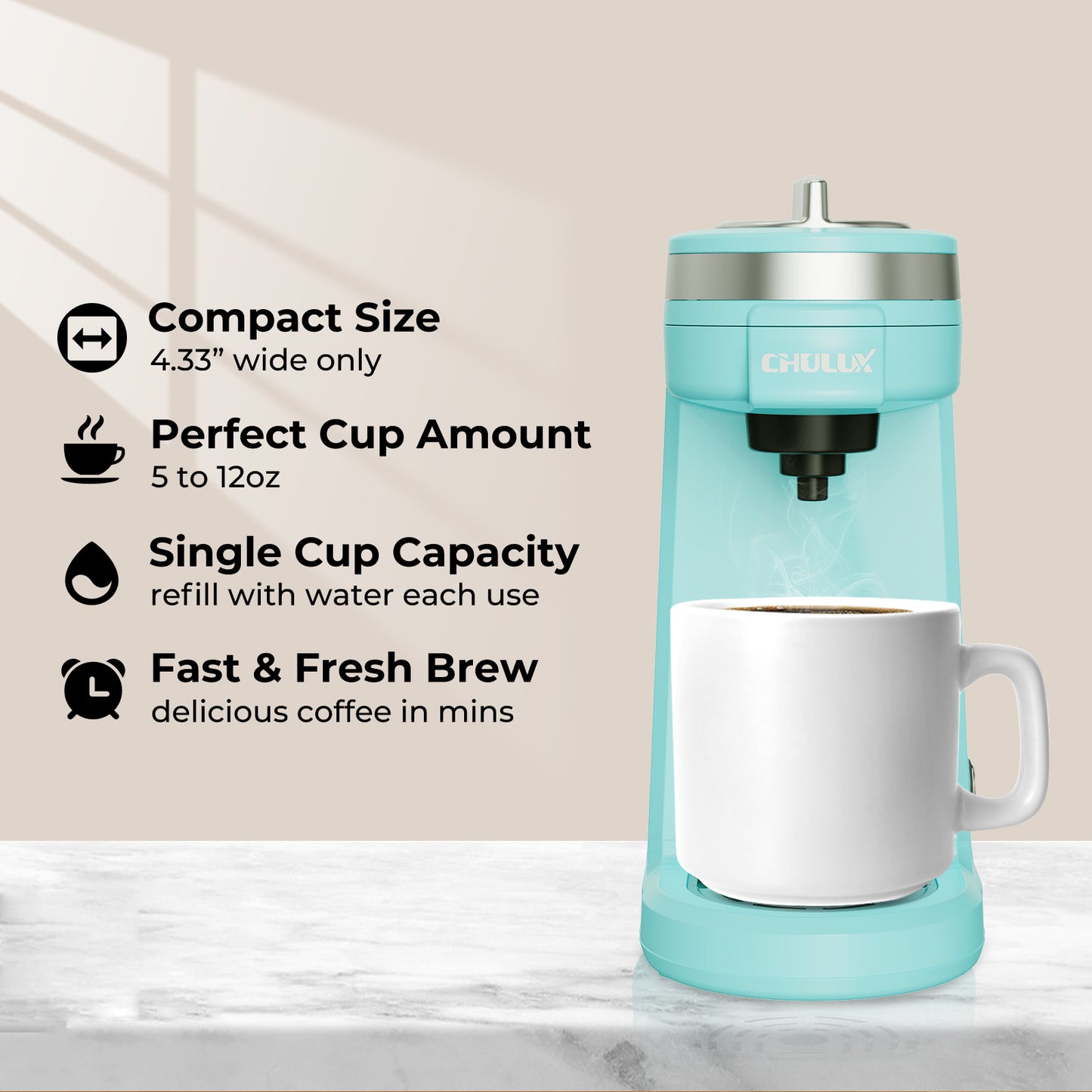 CHULUX Mini Single Serve Travel Coffee Maker for K Cup, QF-CM801, Cyan