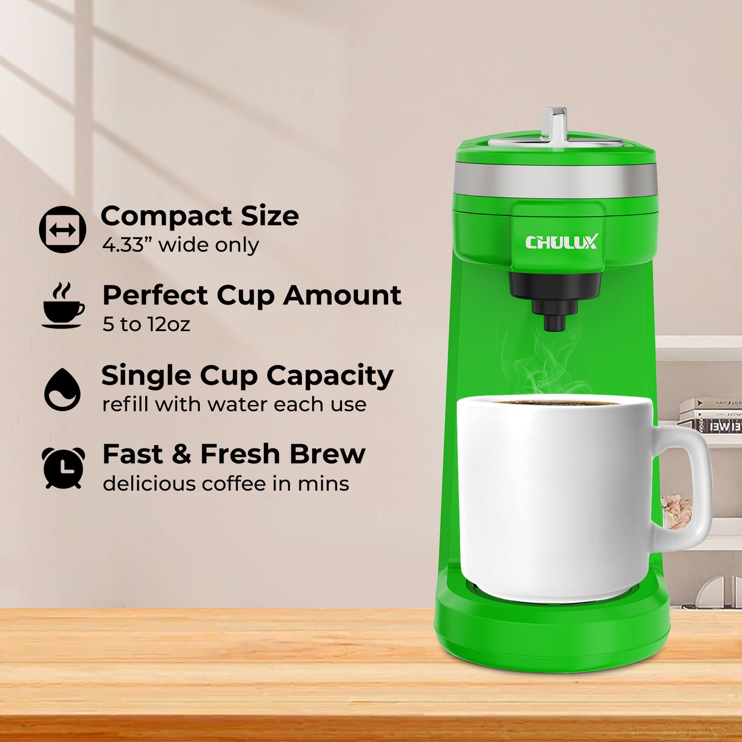 2pcs CHULUX Mini Single Serve Travel Coffee Maker for K Cup, QF-CM801, Green